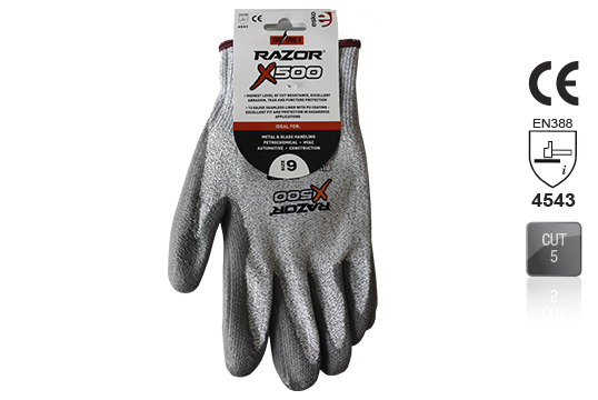 RAZOR X500 PU coated Cut Resistant Level 5 HPPE Fibre Liner Header Card, Size 11 - Esko