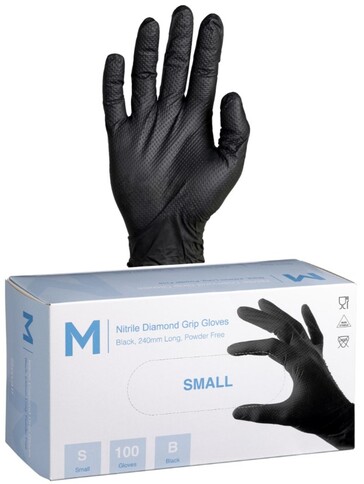 Nitrile Diamond Grip Gloves Powder Free - Black, S, 240mm Cuff, 9.0g - Matthews