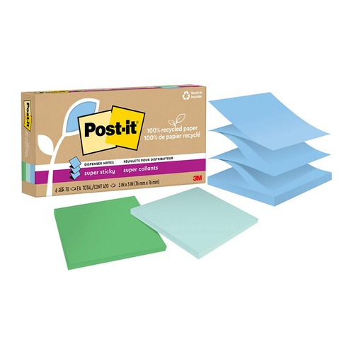 Post-it 100 Rec Super Sticky Pop Up Notes R330R-6SST 76x76mm Oasis, Pack of 6