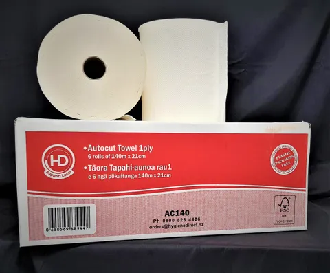 Autocut Towel 1ply, 43gsm 140mtr x 6 - Hygiene Direct