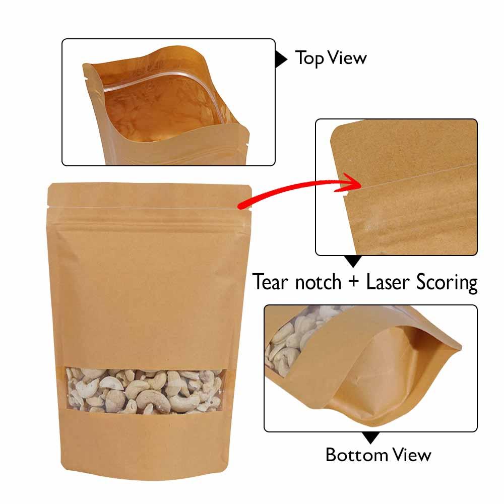 Stand Up Pouch Kraft Rectangle Window with Zip no Valve 100gm, Carton 1000 - SSP