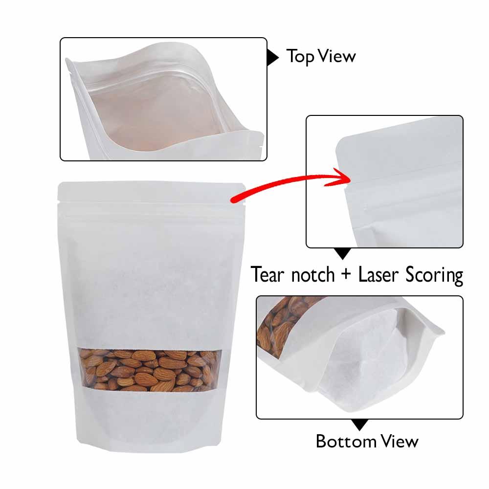 Stand Up Pouch 100gm White Kraft with Rectangle Window with Zip no Valve, Carton 1000 - SSP